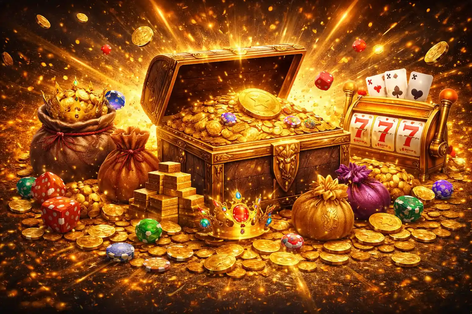 Altın paralarla dolu hazine sandığı, 777 slot makinesi ve zengin casino ödülleri