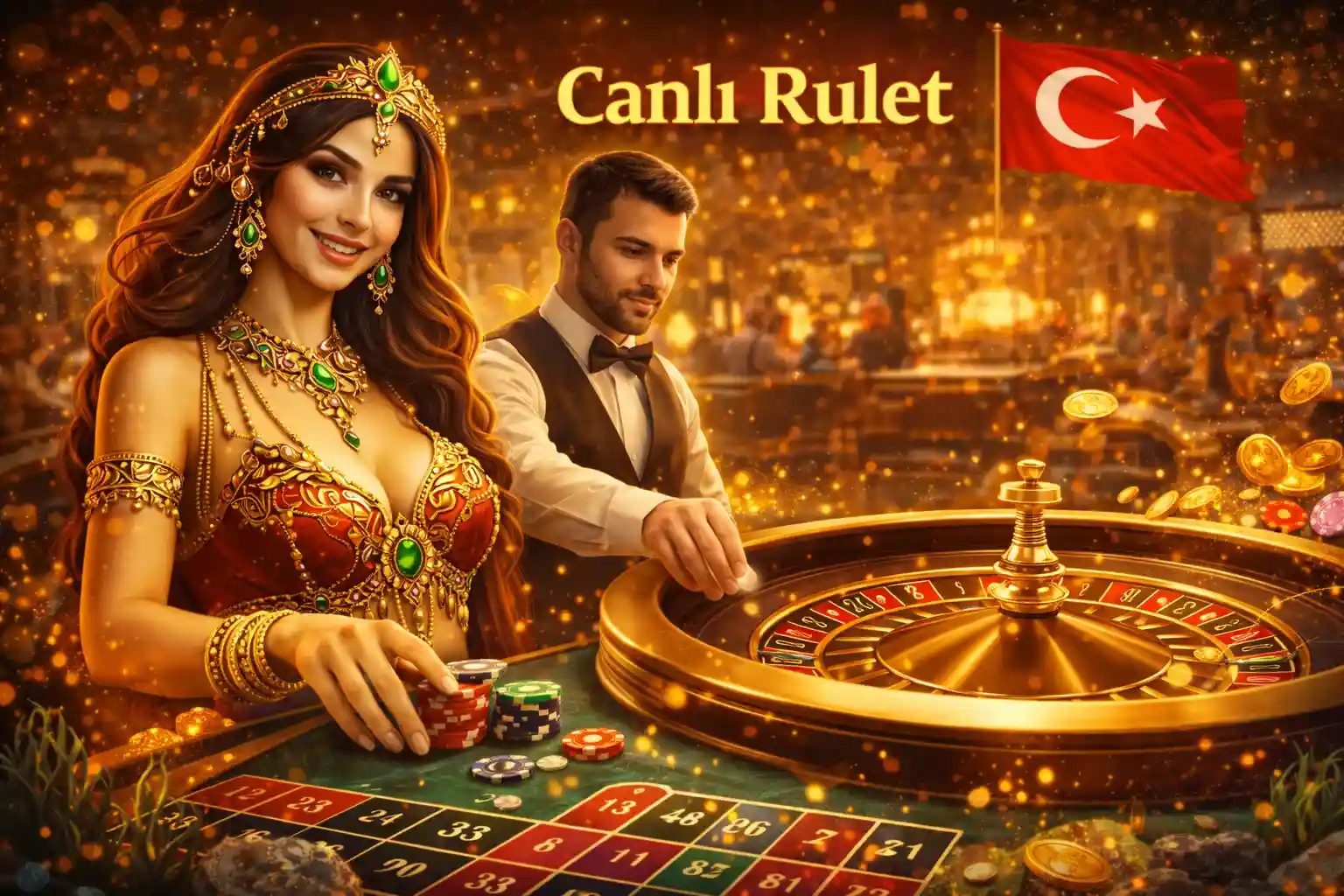 Türk bayrağı temalı masada profesyonel krupiyer ile canlı rulet oynama keyfi