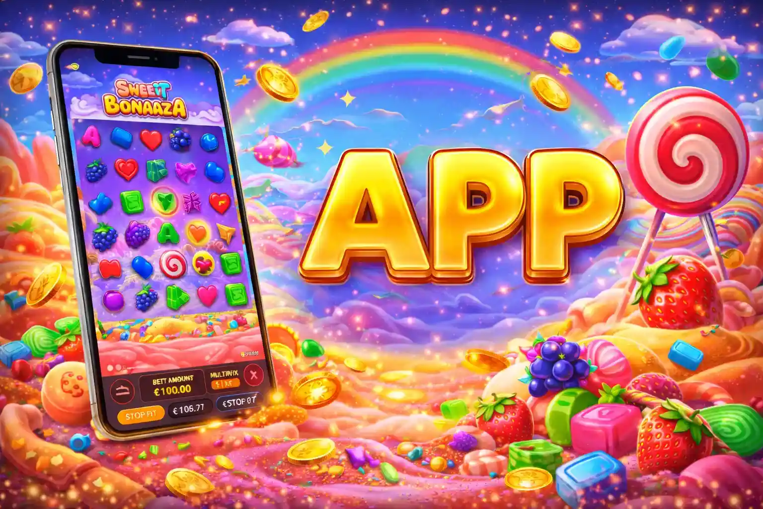 Renkli tasarımıyla Sweet Bonanza oyununa özel mobil uygulama tanıtımı ve erişim