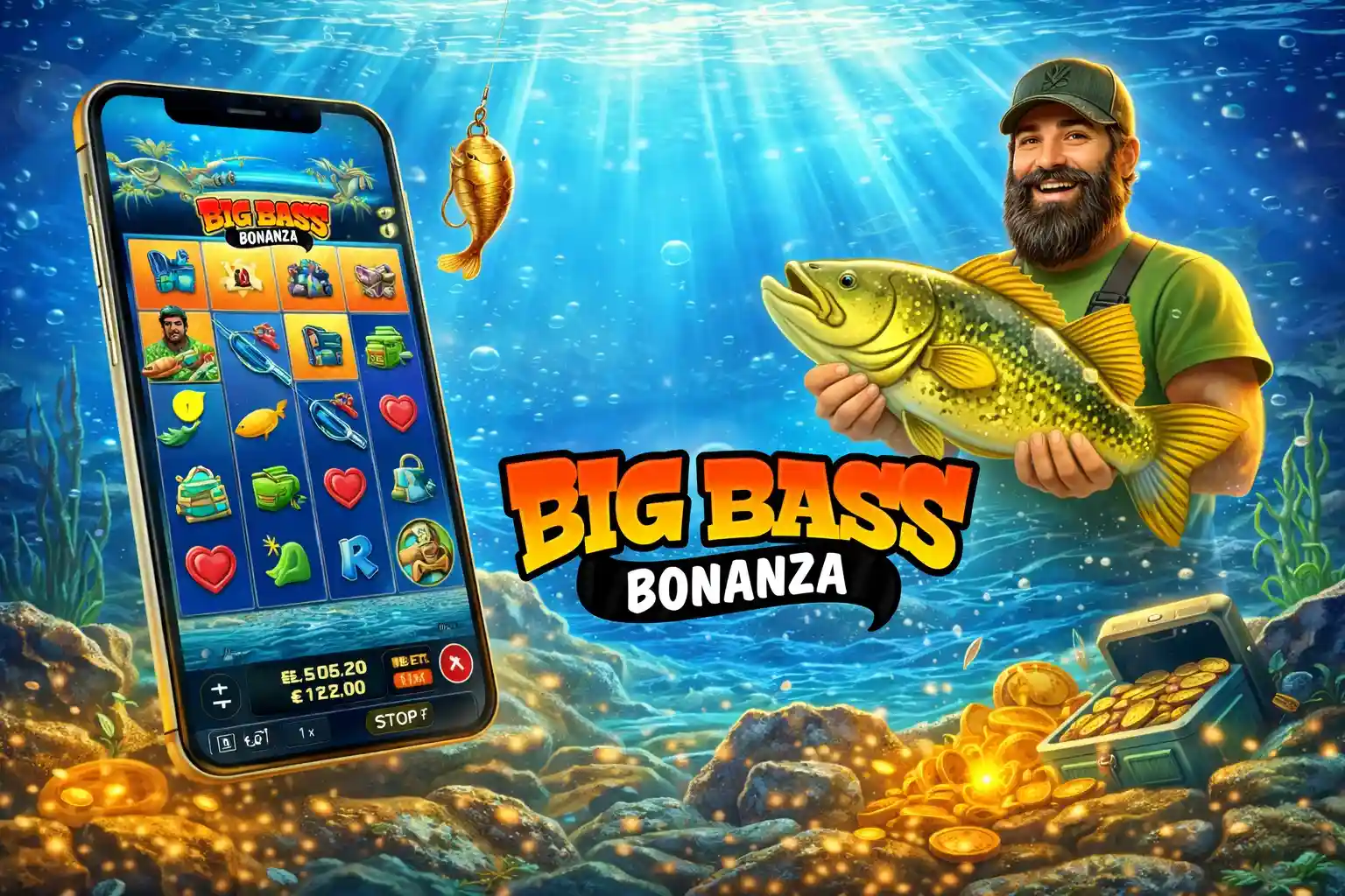 Balıkçılık temalı Big Bass Bonanza slot oyununda büyük balığı yakalama ve kazanma heyecanı