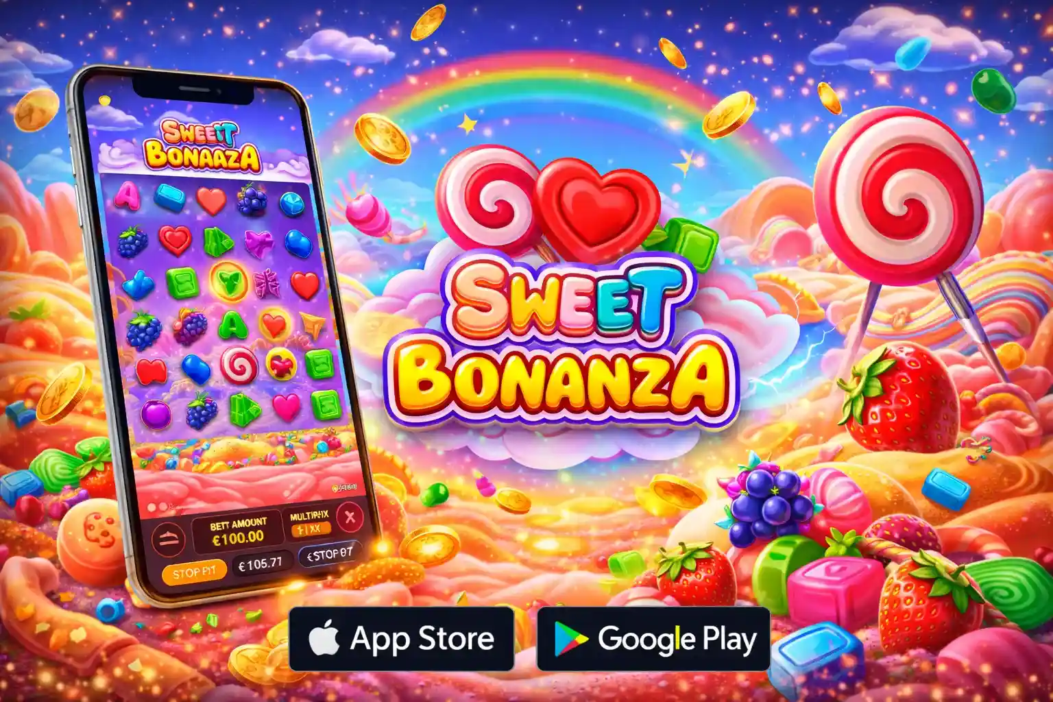 Şeker temalı Sweet Bonanza slot oyununun mobil cihazlardaki oyun arayüzü ve kazanç çarpanları